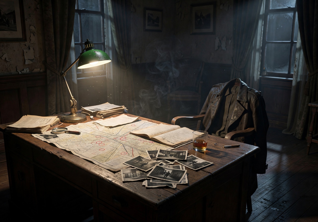 Dark atmospheric noir detective office with moody lighting and mystery clues on desk